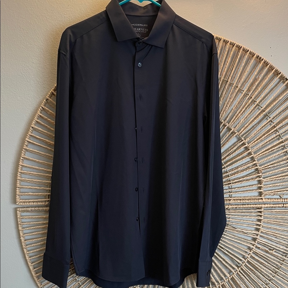 Mens Kenneth Cole Modern Fit Navy Casual Dress Shirt Long Sleeve Size L